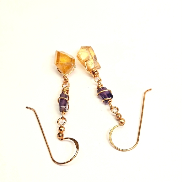Yellow Crystal Point and Amethyst Wire Wrapped Earrings - Picture 4 of 6